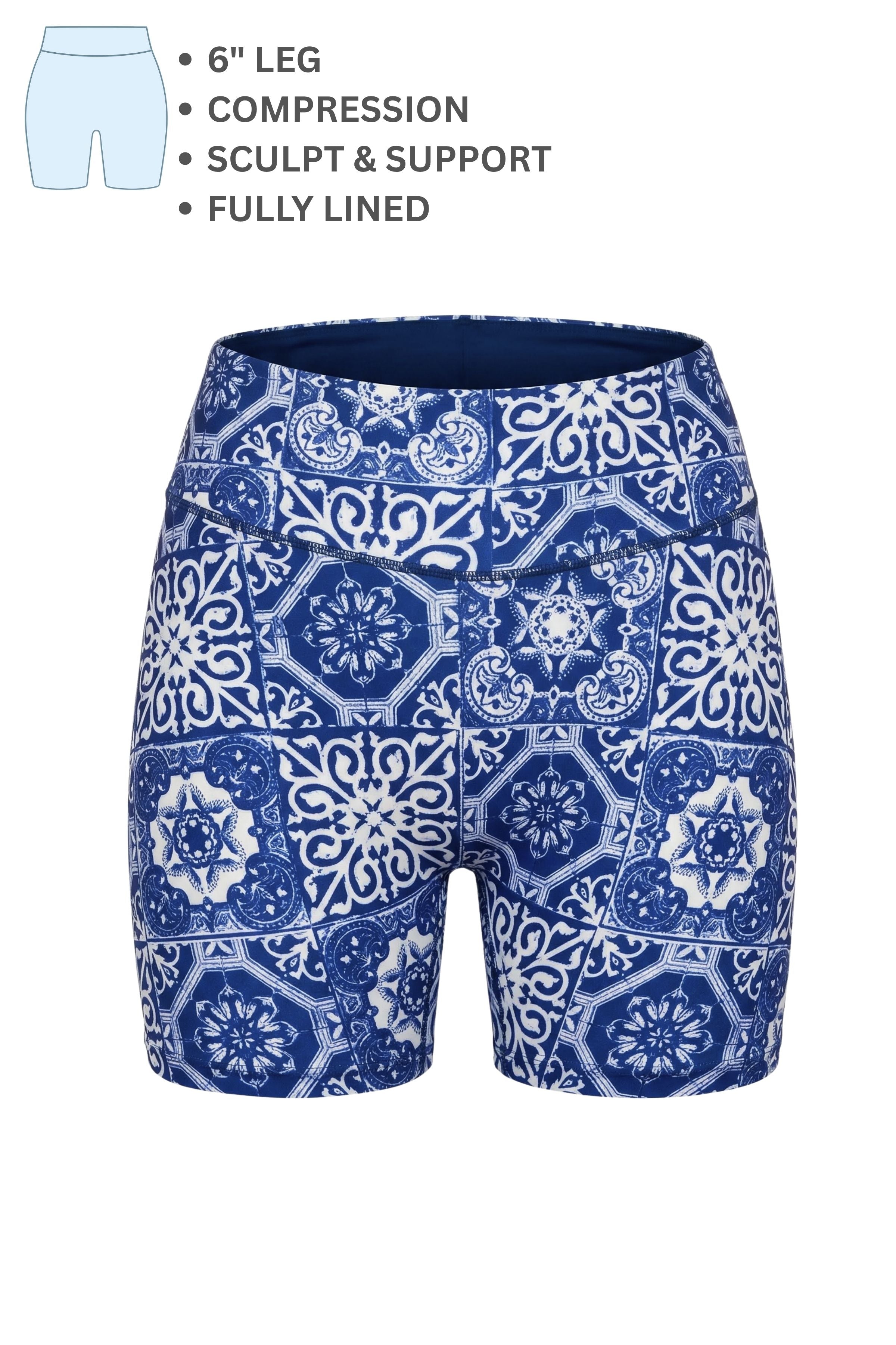 Blue and white patterned compression shorts on a white background