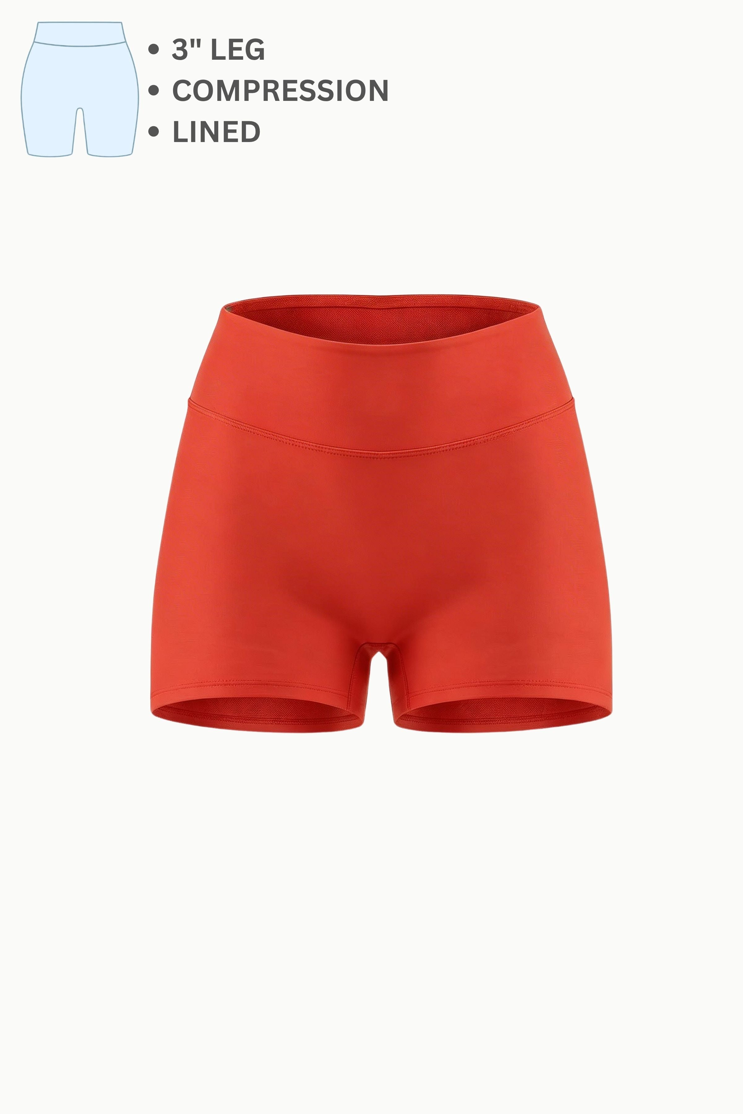 Red compression shorts with text indicating features on a white background