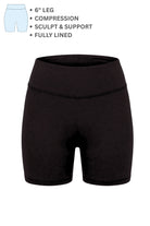 Black compression shorts with text detailing features on a white background