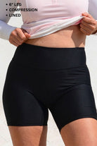 Person wearing black compression shorts with text indicating features on a white background
