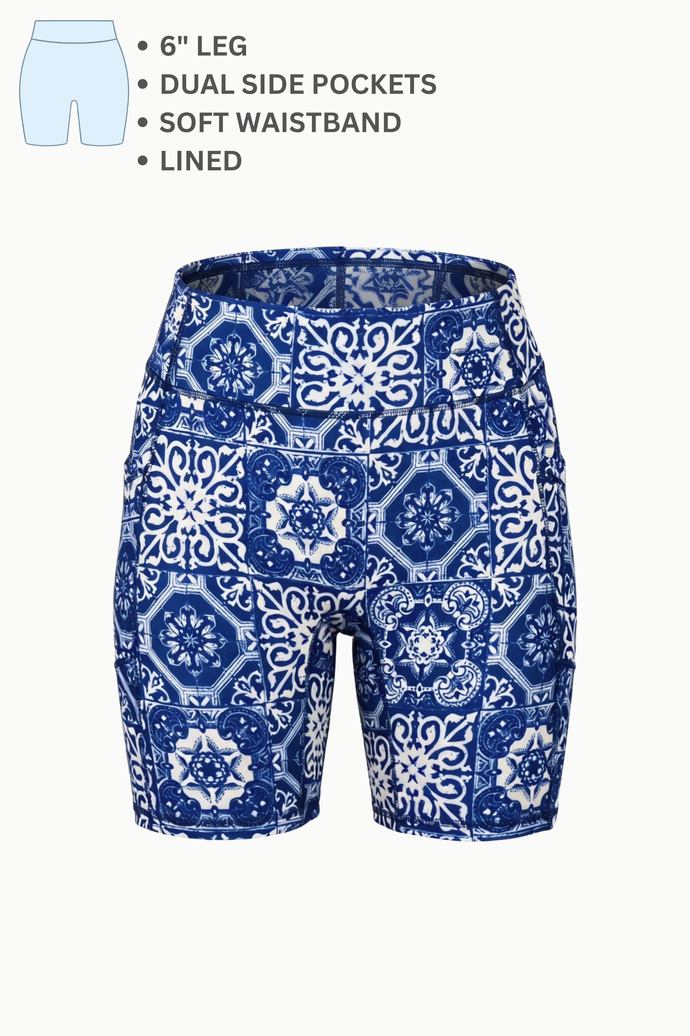 Blue and white patterned shorts with product features listed on a white background