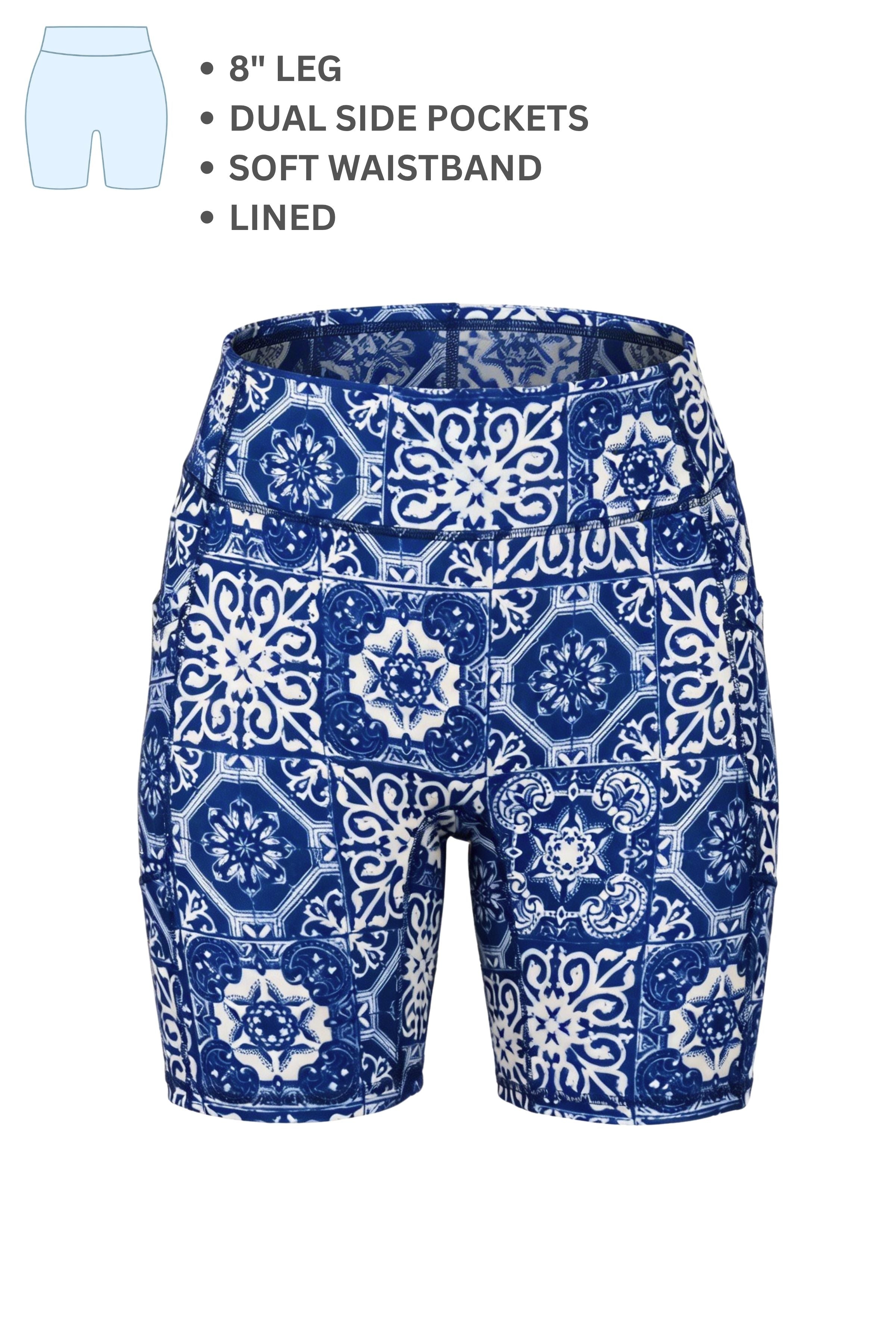 Blue and white patterned shorts with text detailing features on a white background