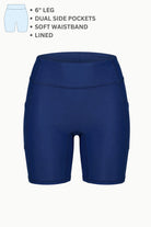 Navy blue athletic shorts with text detailing features on a white background