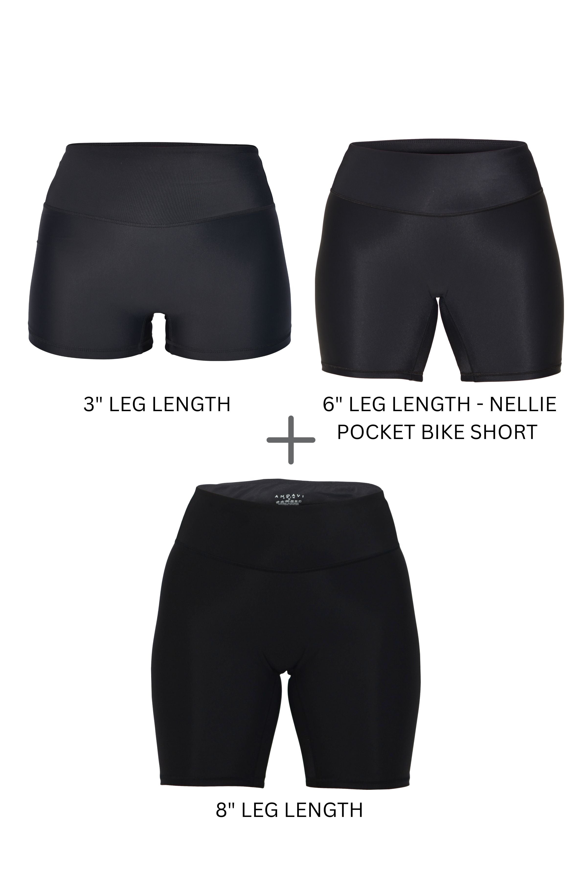 Three black bike shorts with labeled leg lengths on a white background