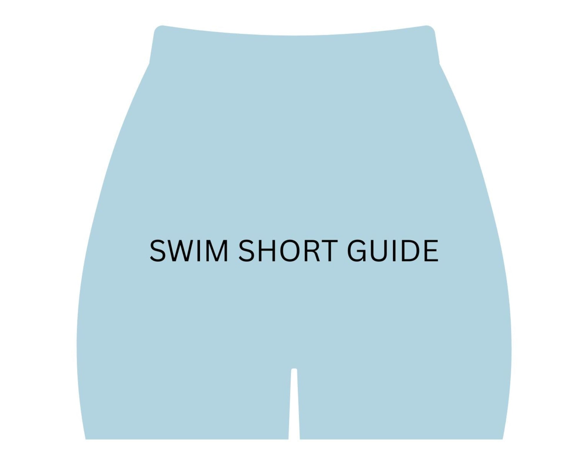 Light blue swim short with 'SWIM SHORT GUIDE' text on a white background