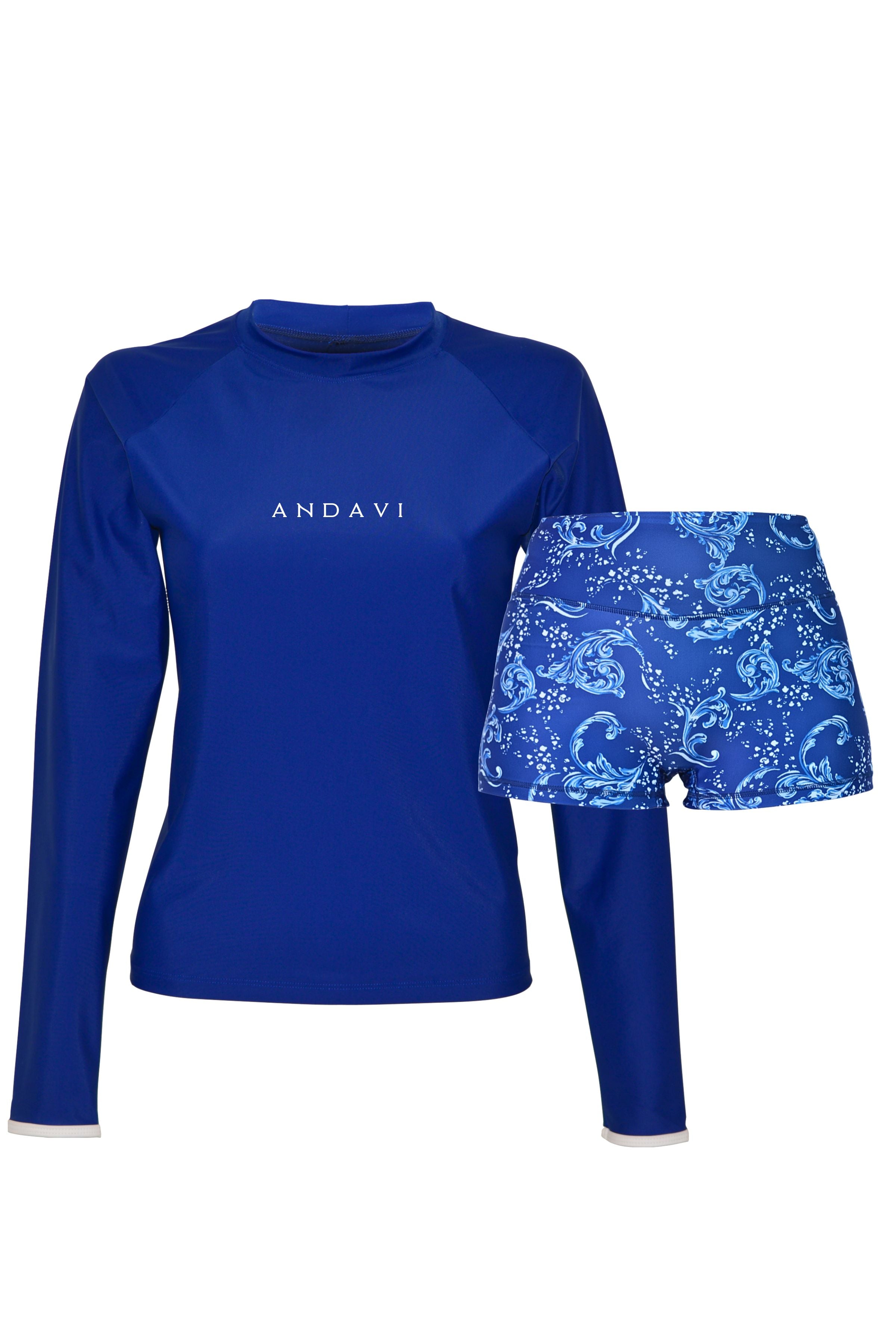 Blue long-sleeve rash guard and patterned shorts with 'ANDAVI' branding on a white background