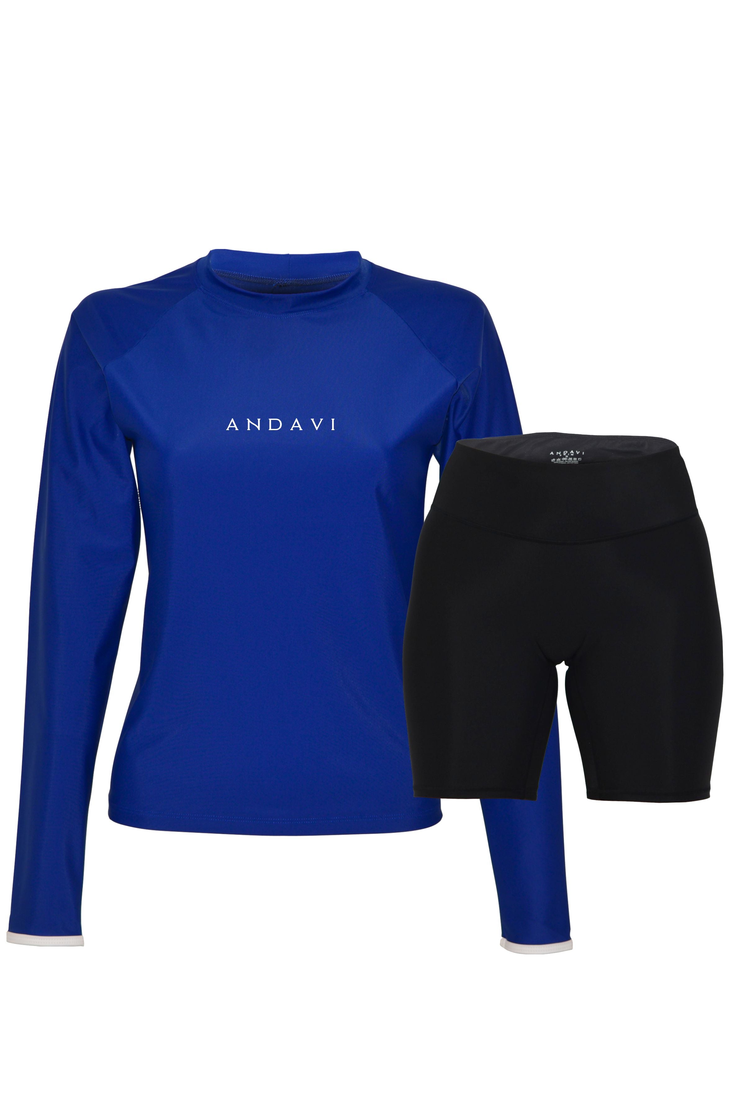 Blue long-sleeve rash guard and black shorts with 'ANDAVI' branding on a white background