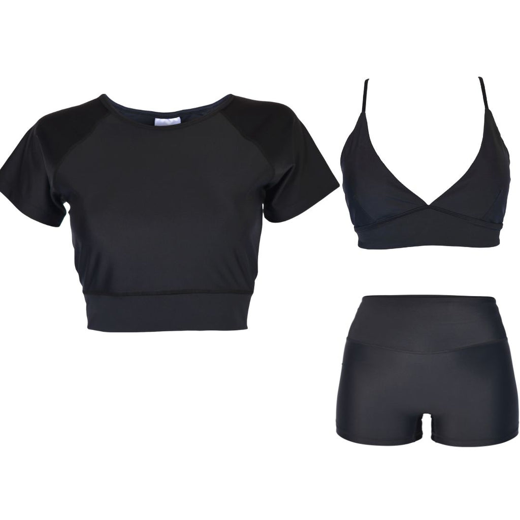 black short sleeve crop rash guard with black bikini set