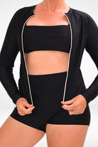 women wearing black front zip rash guard unzipped with black square neck bikini top and black swim shorts underneath