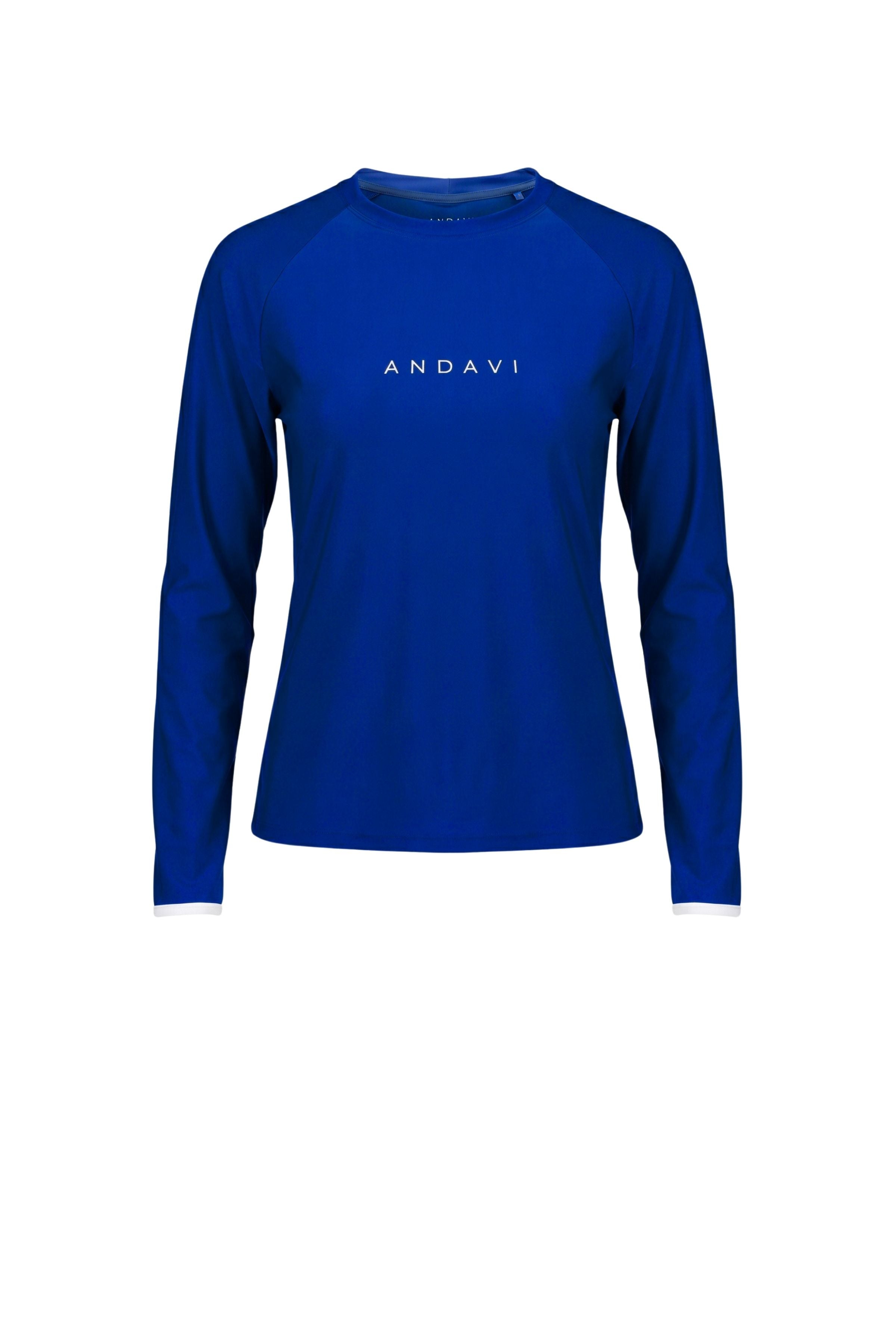 Blue long-sleeve shirt with 'ANDAVI' branding on a white background