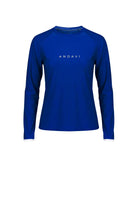 Blue long-sleeve shirt with 'ANDAVI' branding on a white background