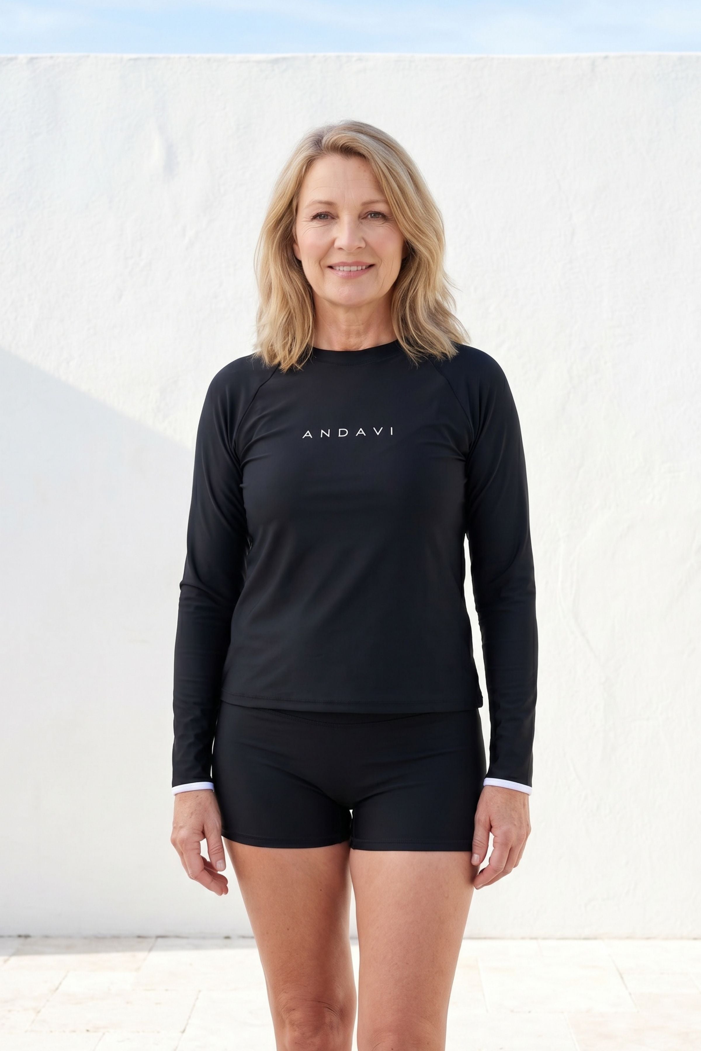 women wearing black andavi rash guard and black andavi swim shorts
