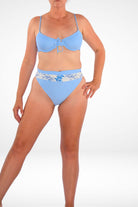 women wearing andavi swim high rise blue and white bikini bottom and underwire bikini top