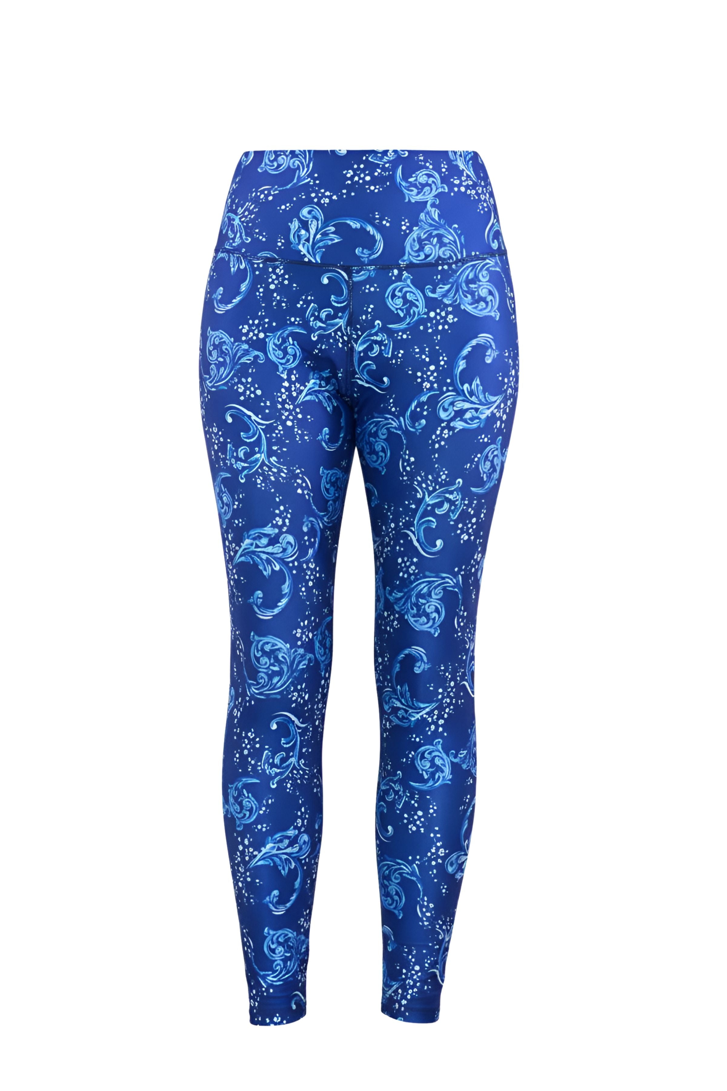 Blue patterned swim leggings on a white background