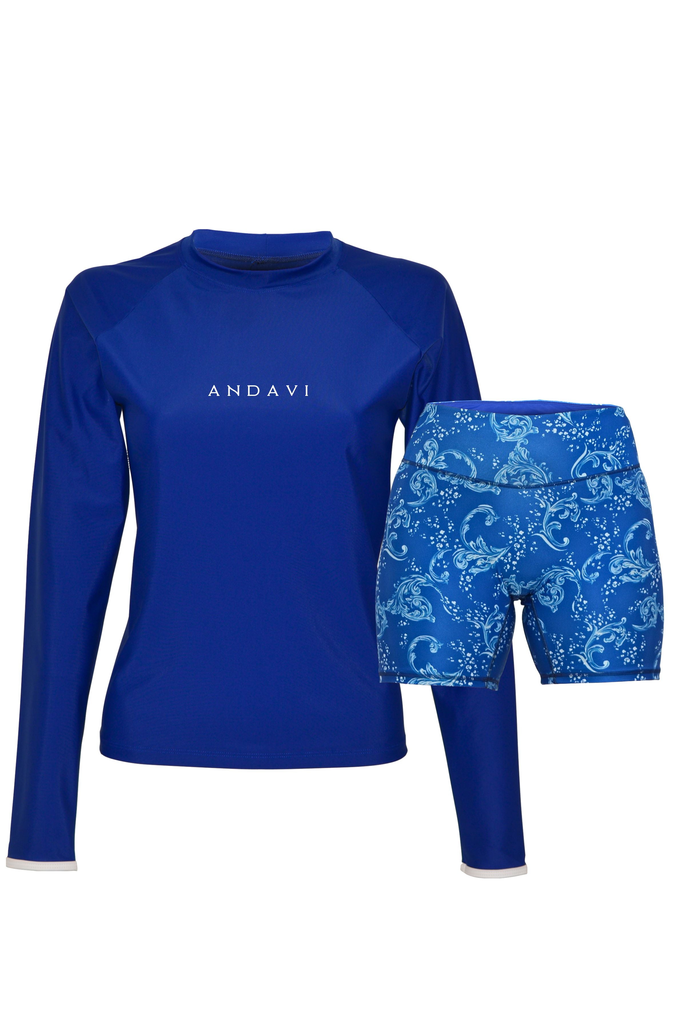 Blue long-sleeve rash guard and matching shorts with 'ANDAVI' branding on a white background