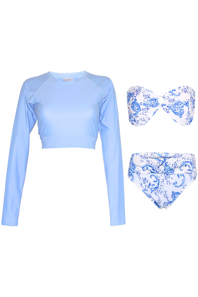 light blue crop top and blue and white bikini top and bottom bundle
