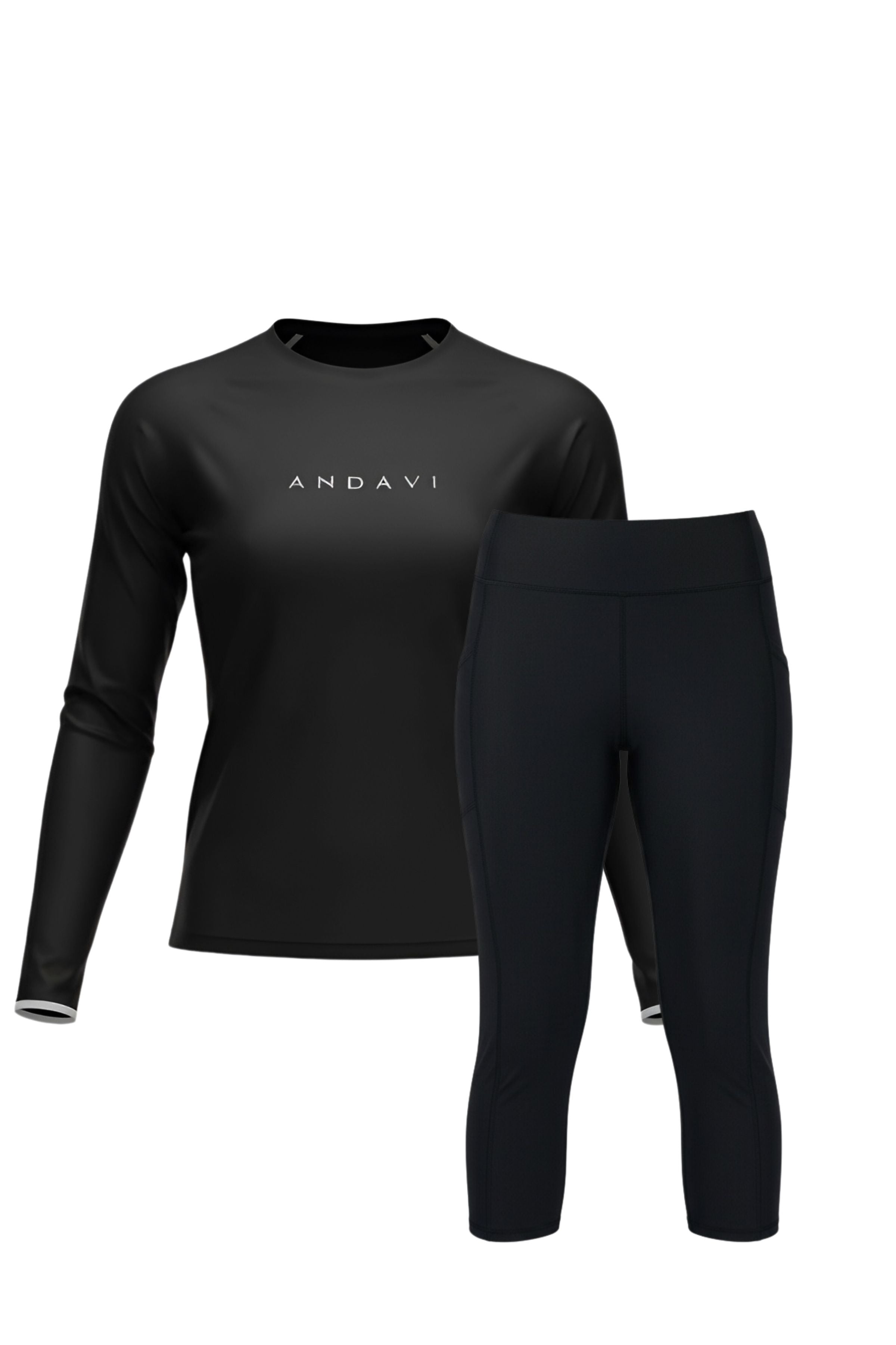 Andavi black long sleeve rash guard and capri length swim leggings in black on white background