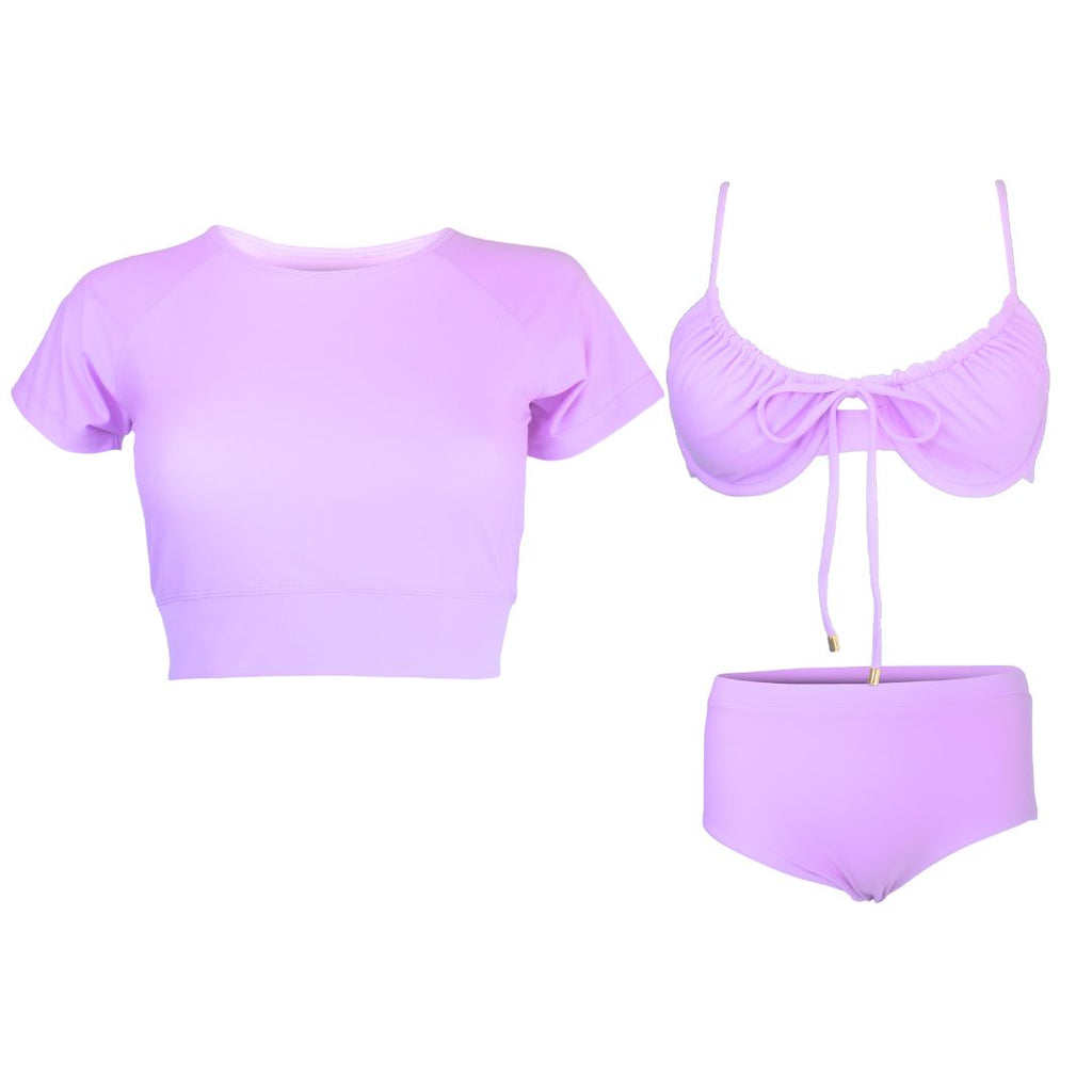 Lilac short sleeve crop rash guard with lilac bikni top and full coverage bikini bottoms sample