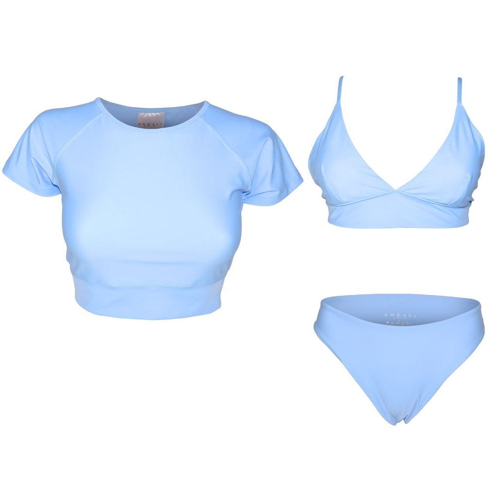 light blue crop rash guard with matching light blue bikini sample
