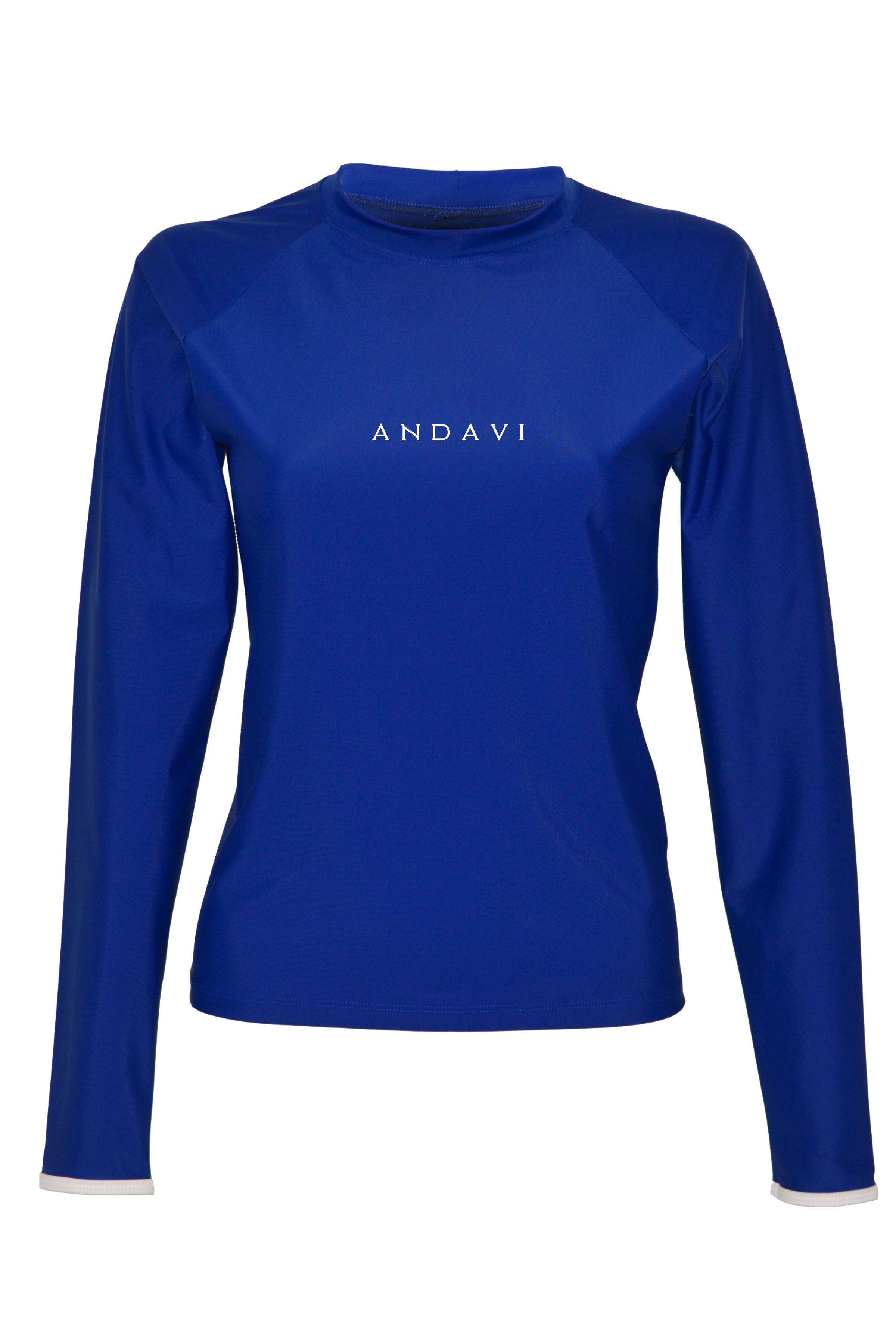 Blue long-sleeve shirt with 'ANDAVI' branding on a white background