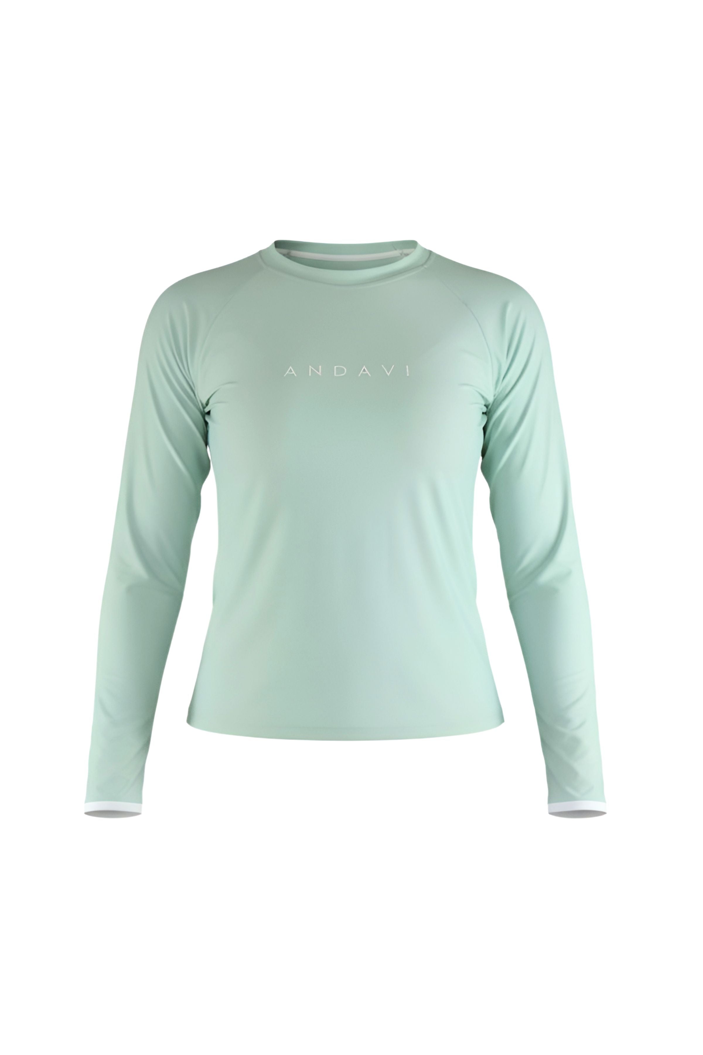 Light green long-sleeve shirt with 'ANDAVI' branding on a white background