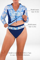 model wearing andavi blue and white animal print rash guard and navy blue bikini bottom