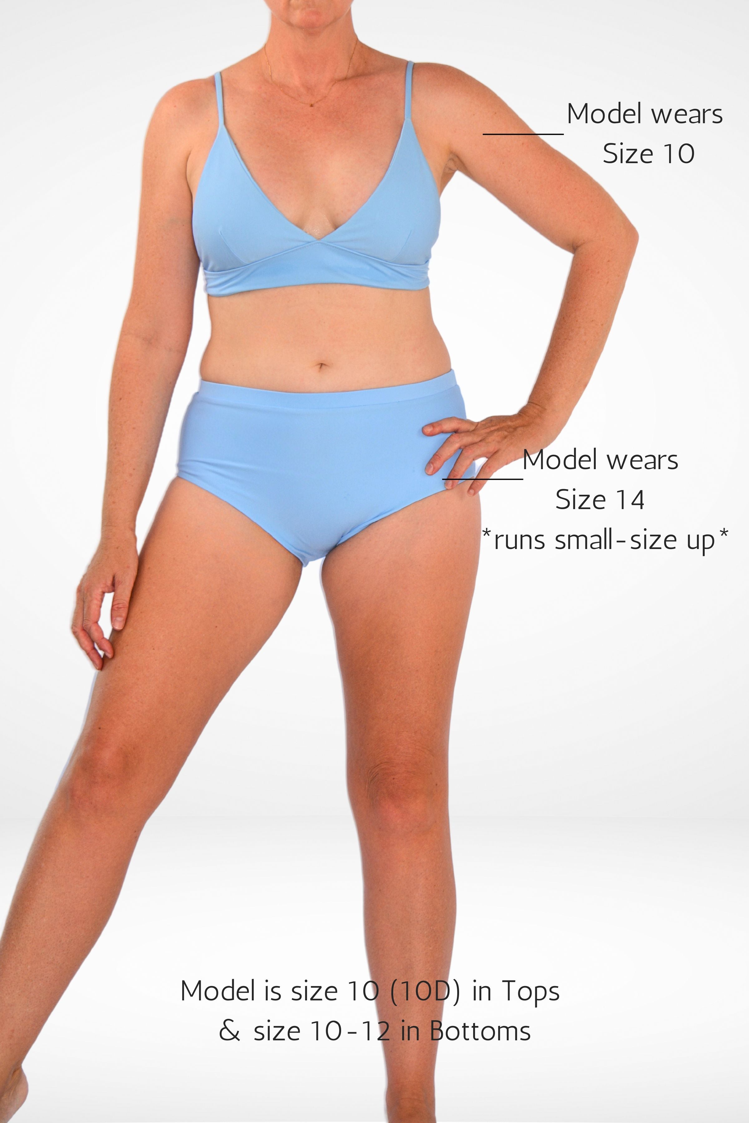 women wearing light  blue triangle bikini top with light blue full coverage bikini bottom with size guide description