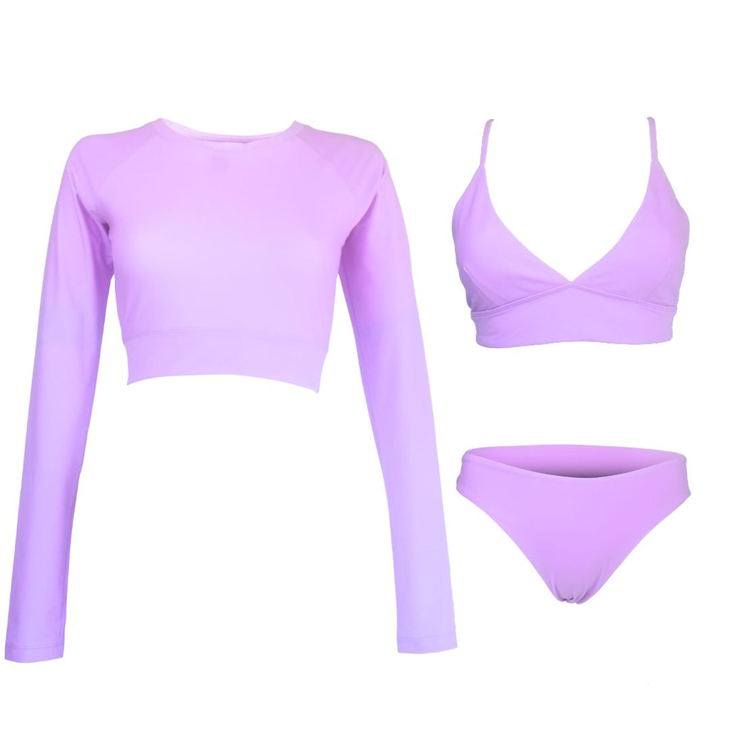 Lilac long sleeve crop rash vest with lilac triangle bikini top and moderate coverage bikini bottom sample