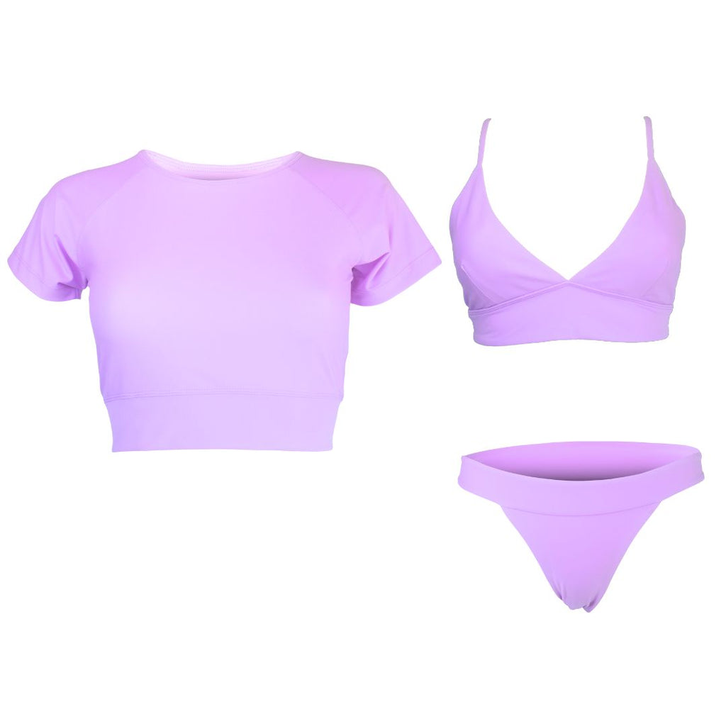 lilac short sleeve crop rash guard with lilac bikini top and bottom sample