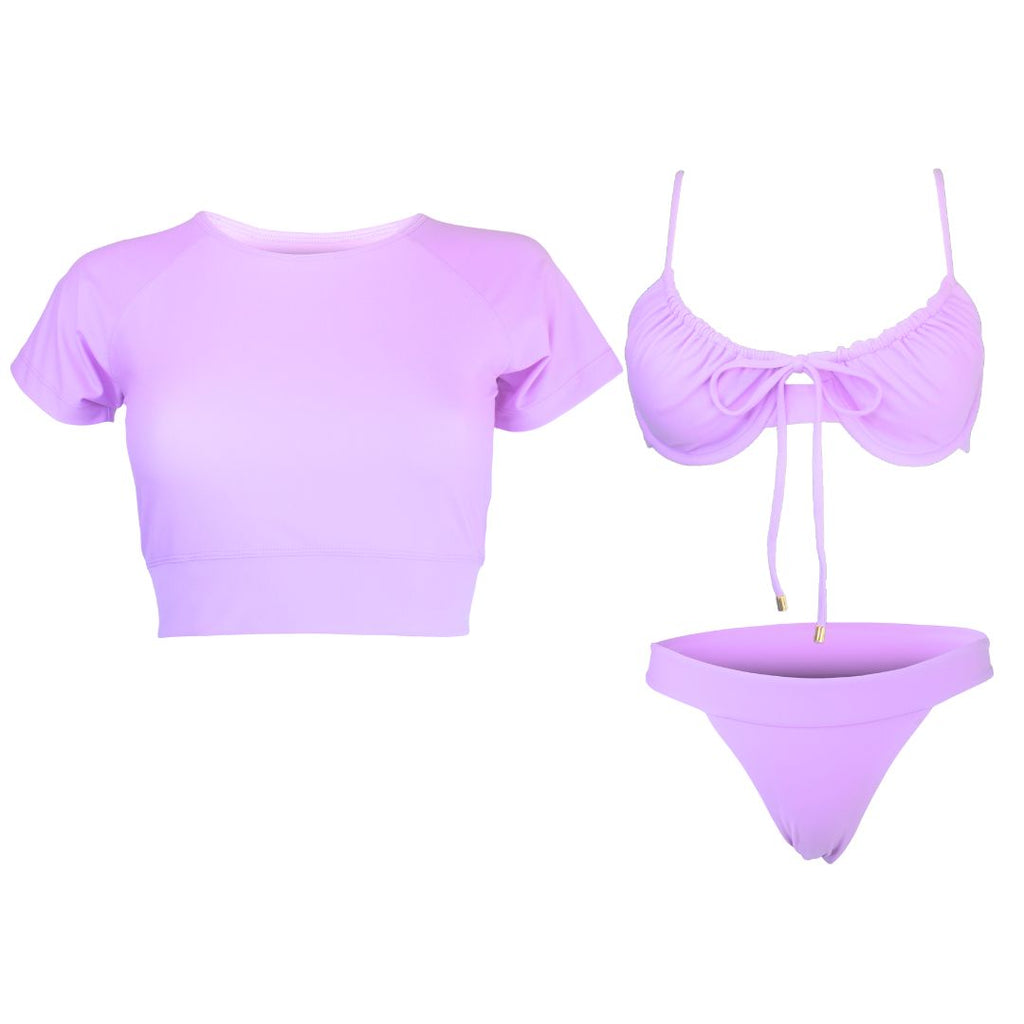 lilac short sleeve crop rash guard with matching bikini top and bikini bottom sample