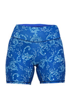 blue white print long leg bike swim short