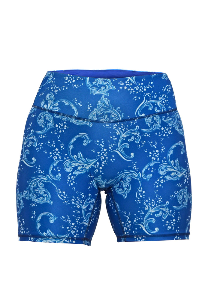 blue white print long leg bike swim short