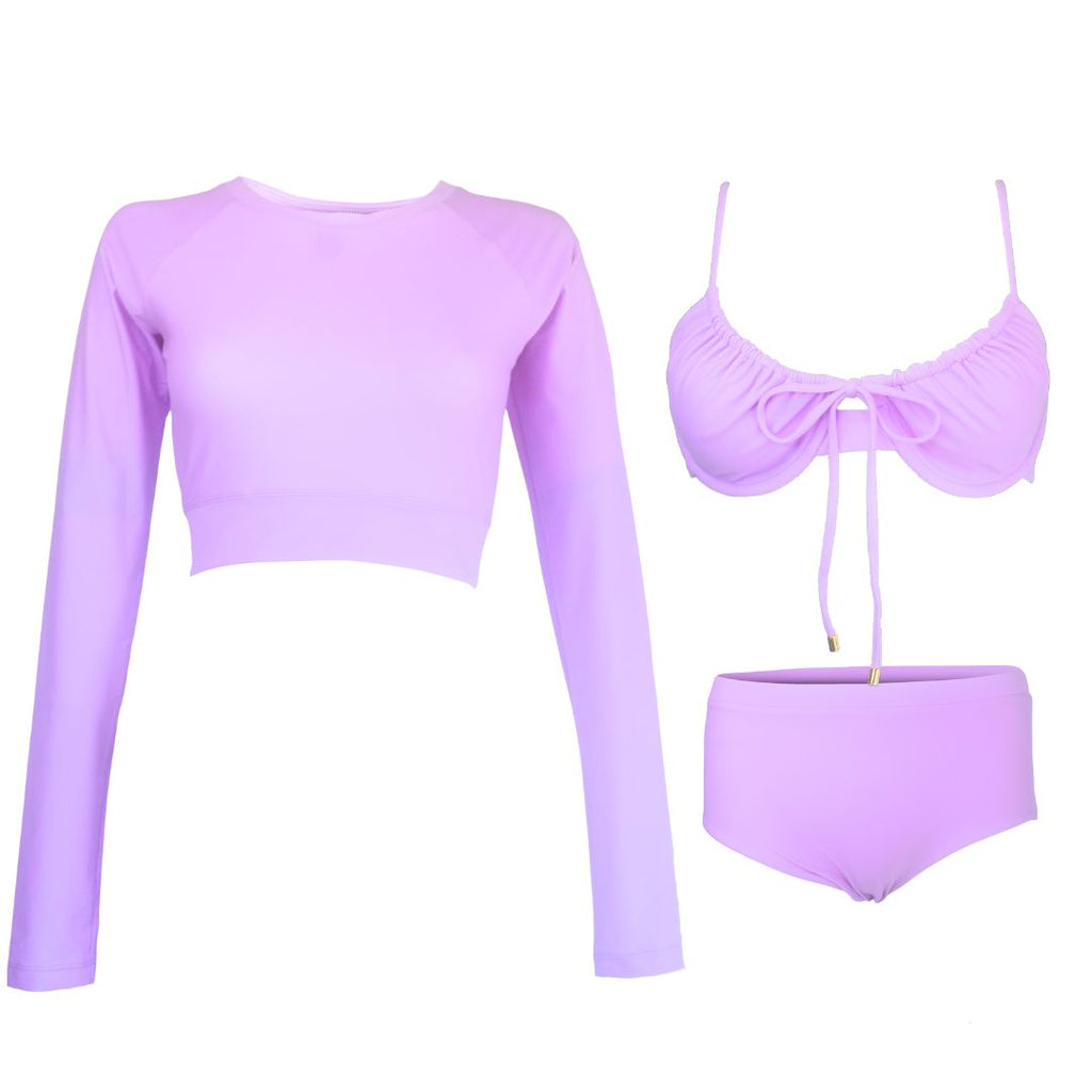 Long sleeve crop in lilac with lilac underwire bikini top and full coverage bikini bottom sample
