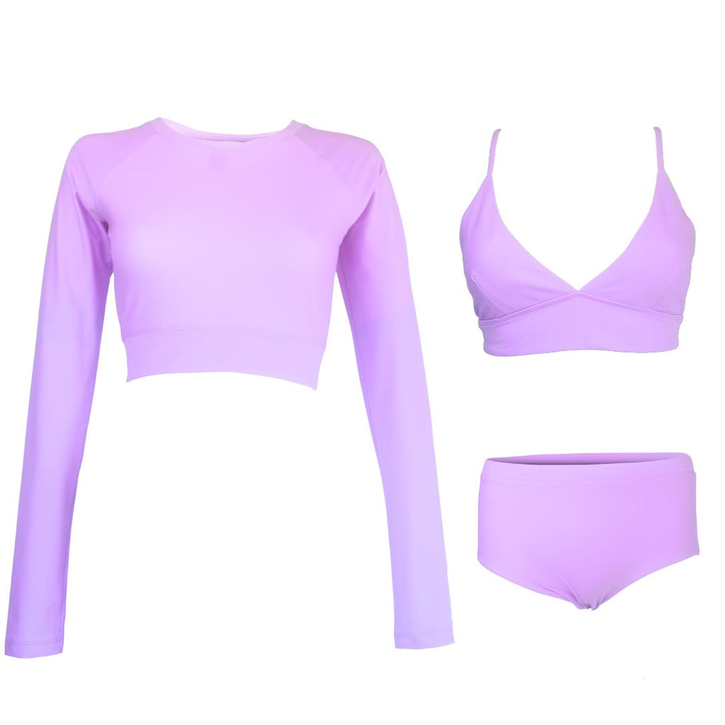 lilac long sleeve crop rash guard with matching full coverage bikini bottom and triangle bikini top sample