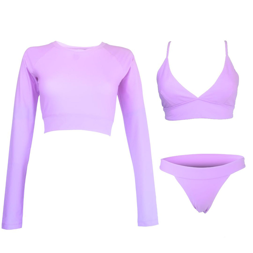 long sleeve crop rash vest with triangle bikini top and tanga bikini bottom in lilac colour sample