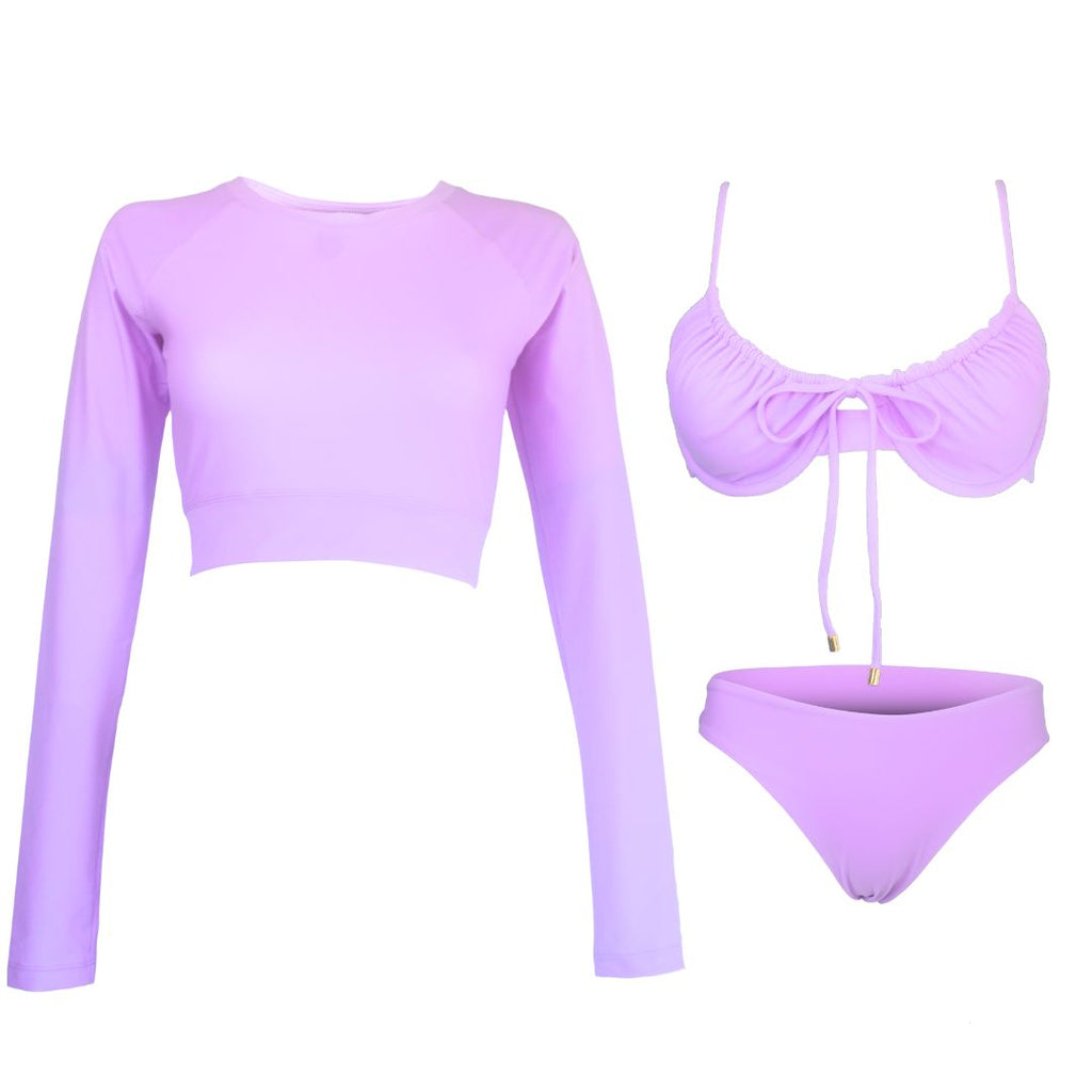 lilac long sleeve crop rash guard with lilac underwire bikini top and moderate coverage bikini bottom sample
