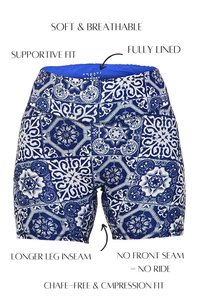 sample andavi compression navy blue and white geometric print swim short with description of features