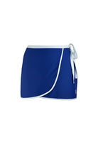 Blue and white swim wrap skirt with white trim on a white background
