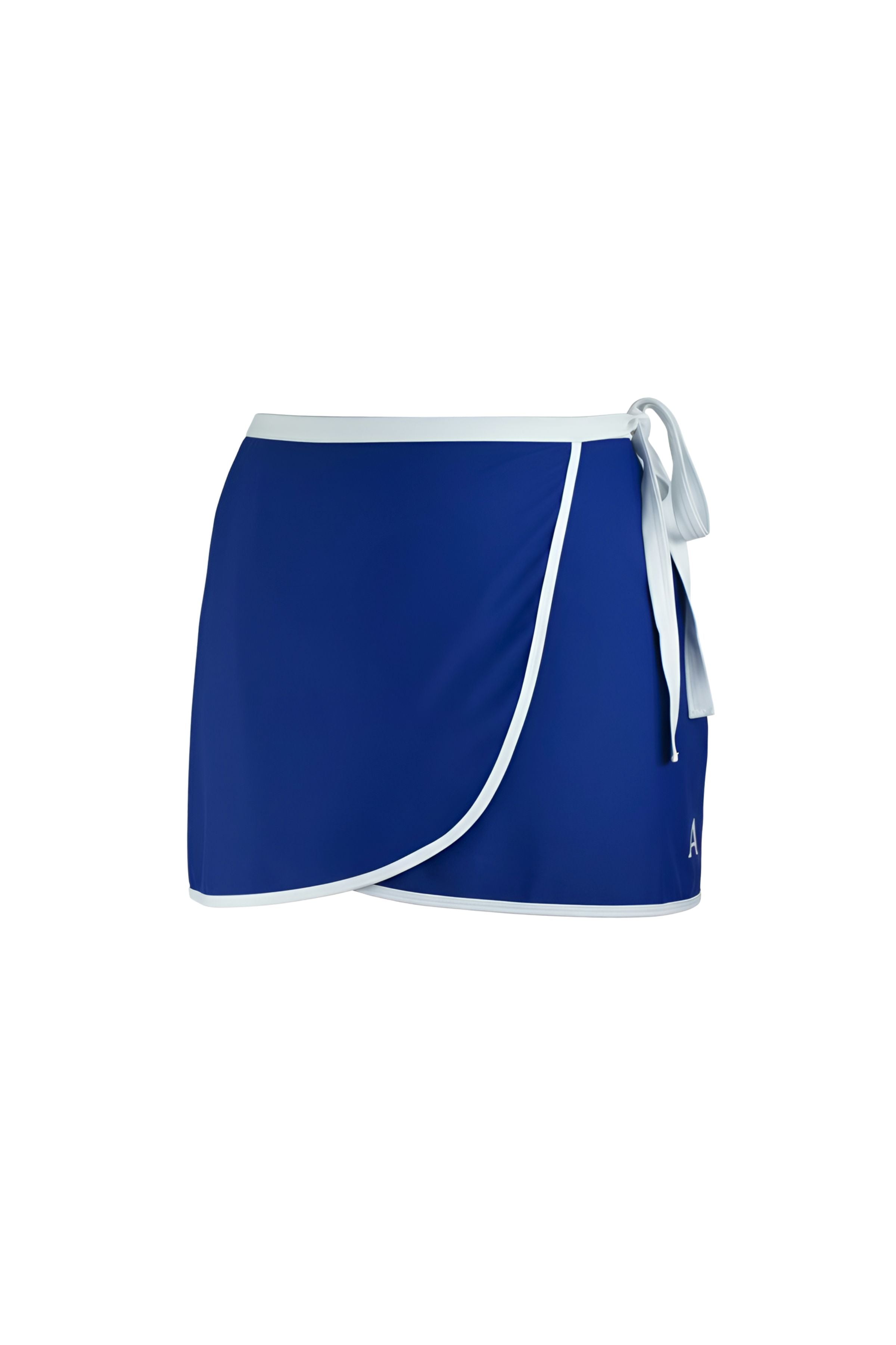 Blue and white swim wrap skirt with white trim on a white background