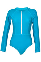 teal long sleeve one piece with front zip sample