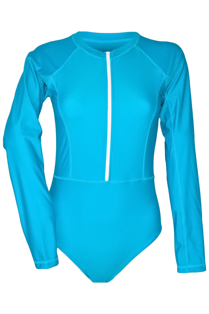 long sleeve one piece swimsuit in teal sample
