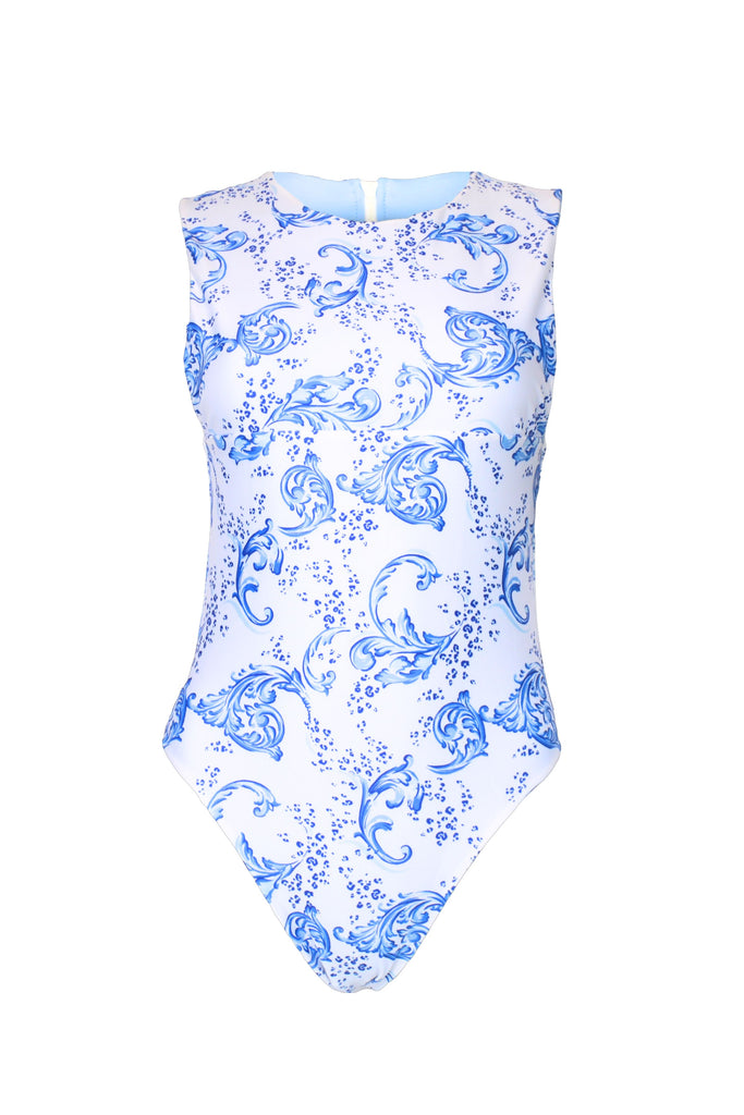 white and blue one piece surf suit
