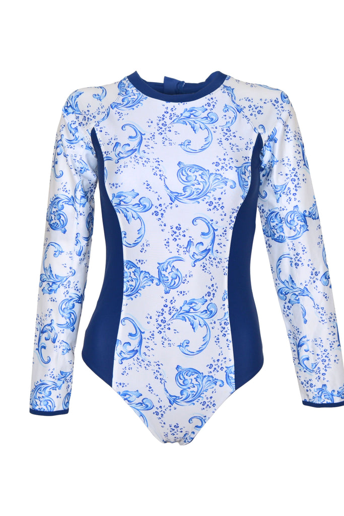 andavi blue and white long sleeve one piece surf suit