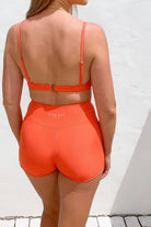Person wearing an orange bikini set with a white background