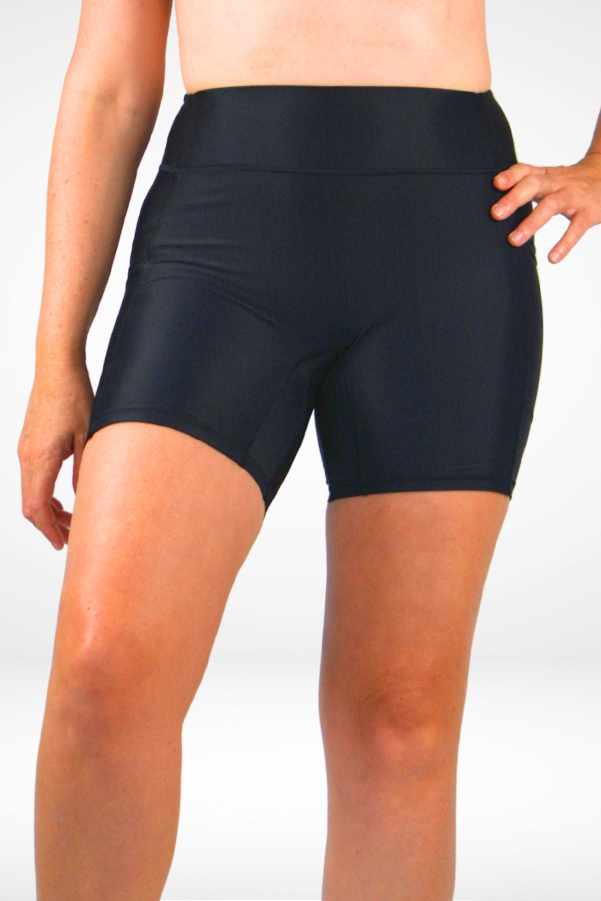 Person wearing black athletic shorts on a white background