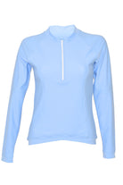 light blue womens long sleeve rash guard with front half zip