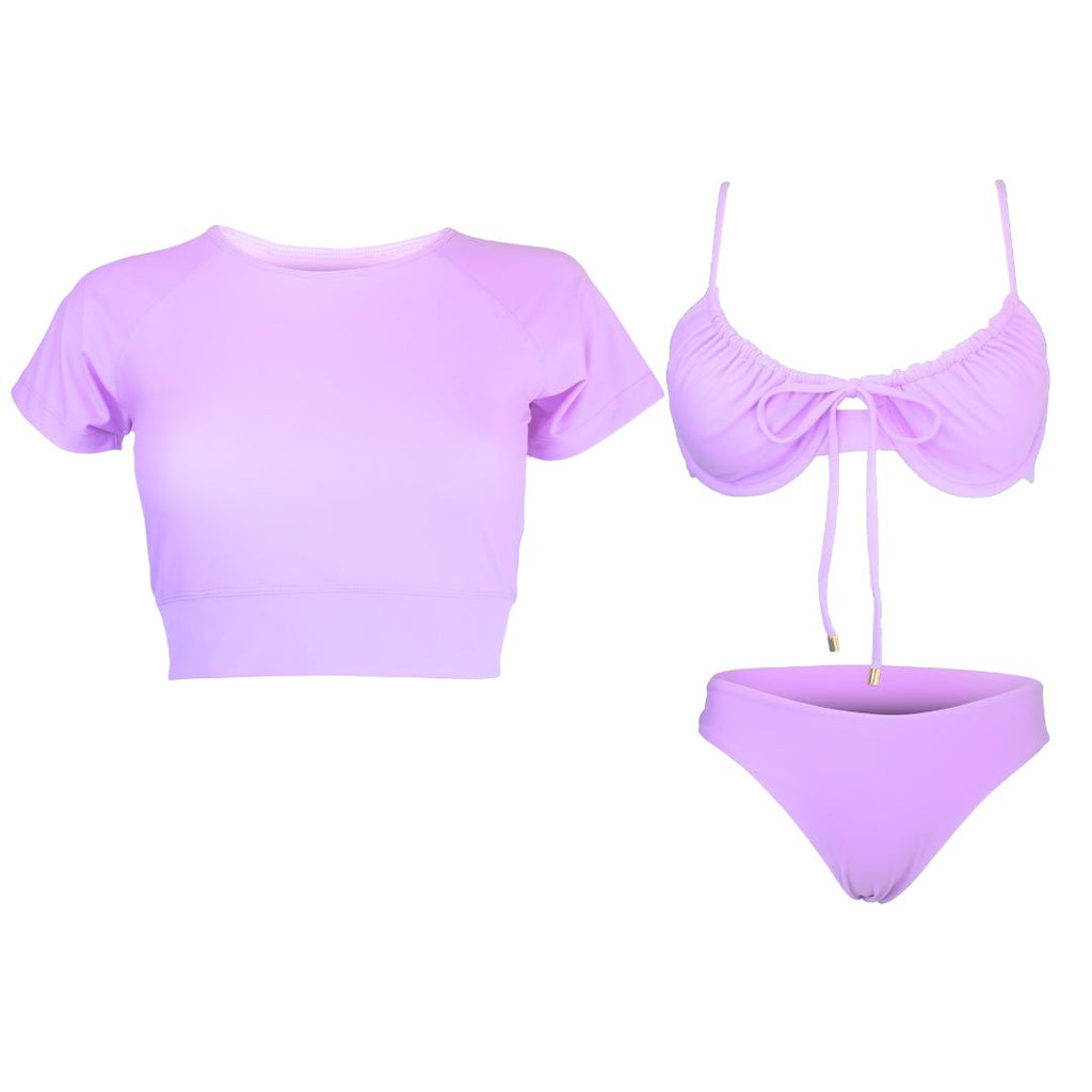 lilac short sleeve crop rash guard with lilac underwire bikini top and bottom sample