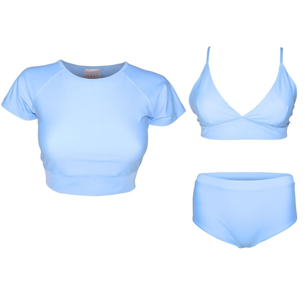 light blue short sleeve crop and matching light blue bikini top and bottom sample