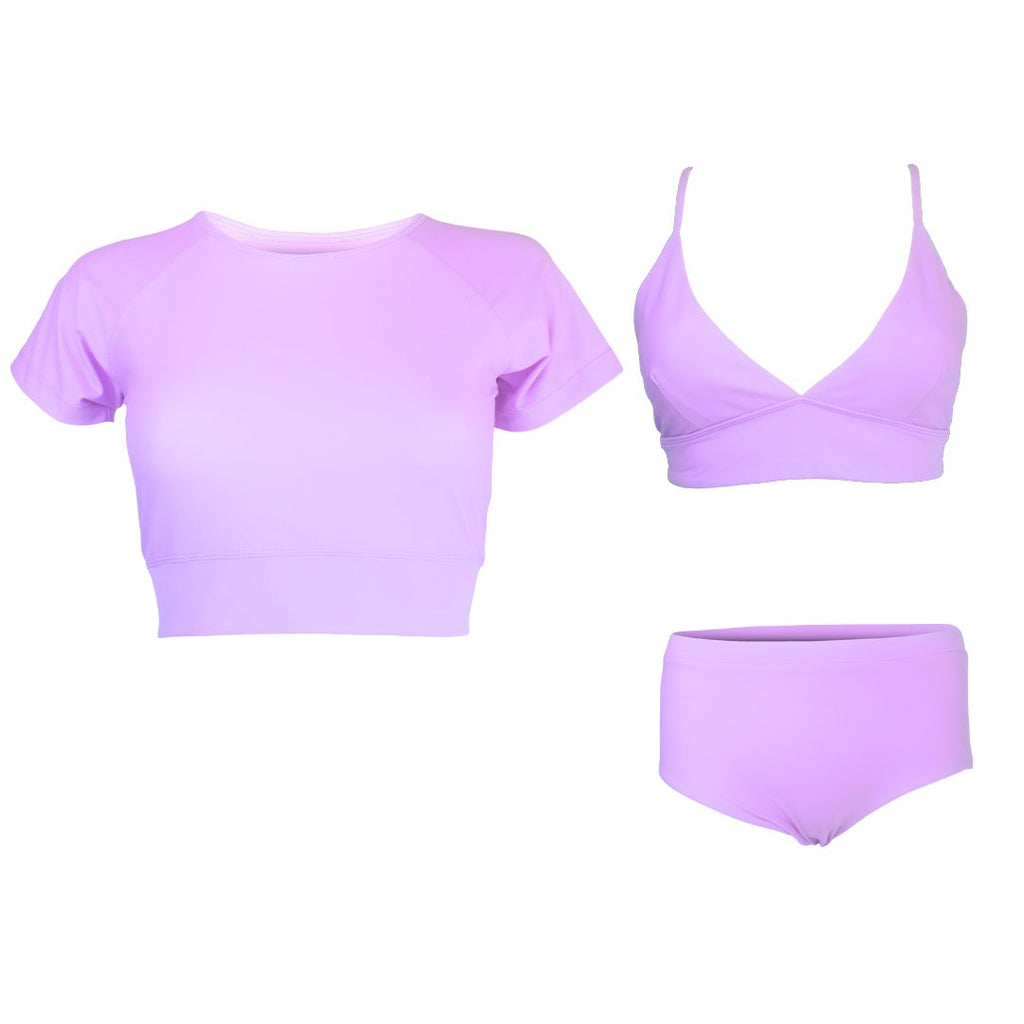 lilac crop top rash guard with lilac bikini bottom and top sample