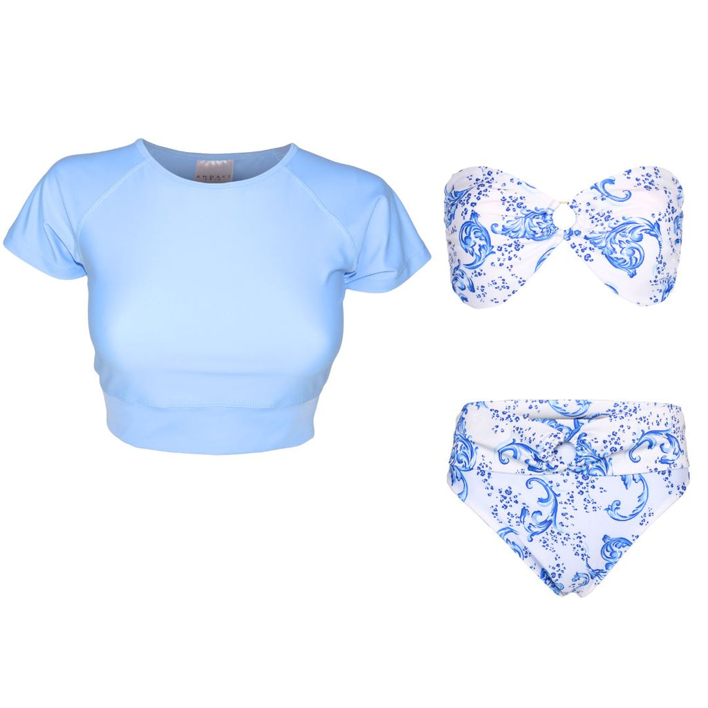 light blue crop rash guard with white and blue high waist bikini set